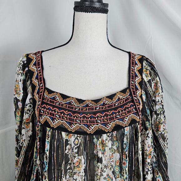 Free People Dress Women Small Black Floral Boho Swing Mini Long Sleeve cottage - Picture 2 of 11